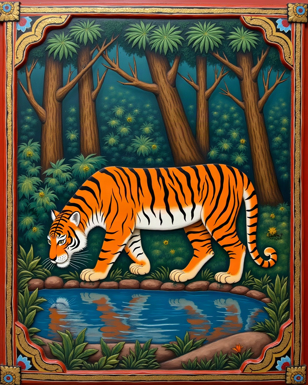Tiger at the Water, Thanjavur painting
