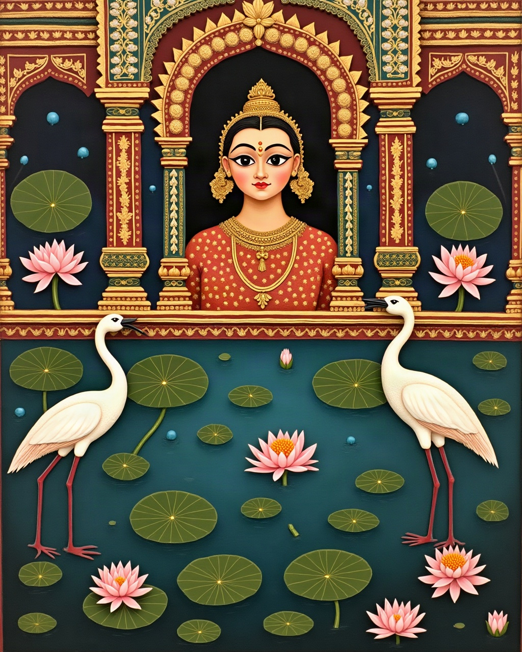 Lotus Pond at Dawn, Thanjavur painting