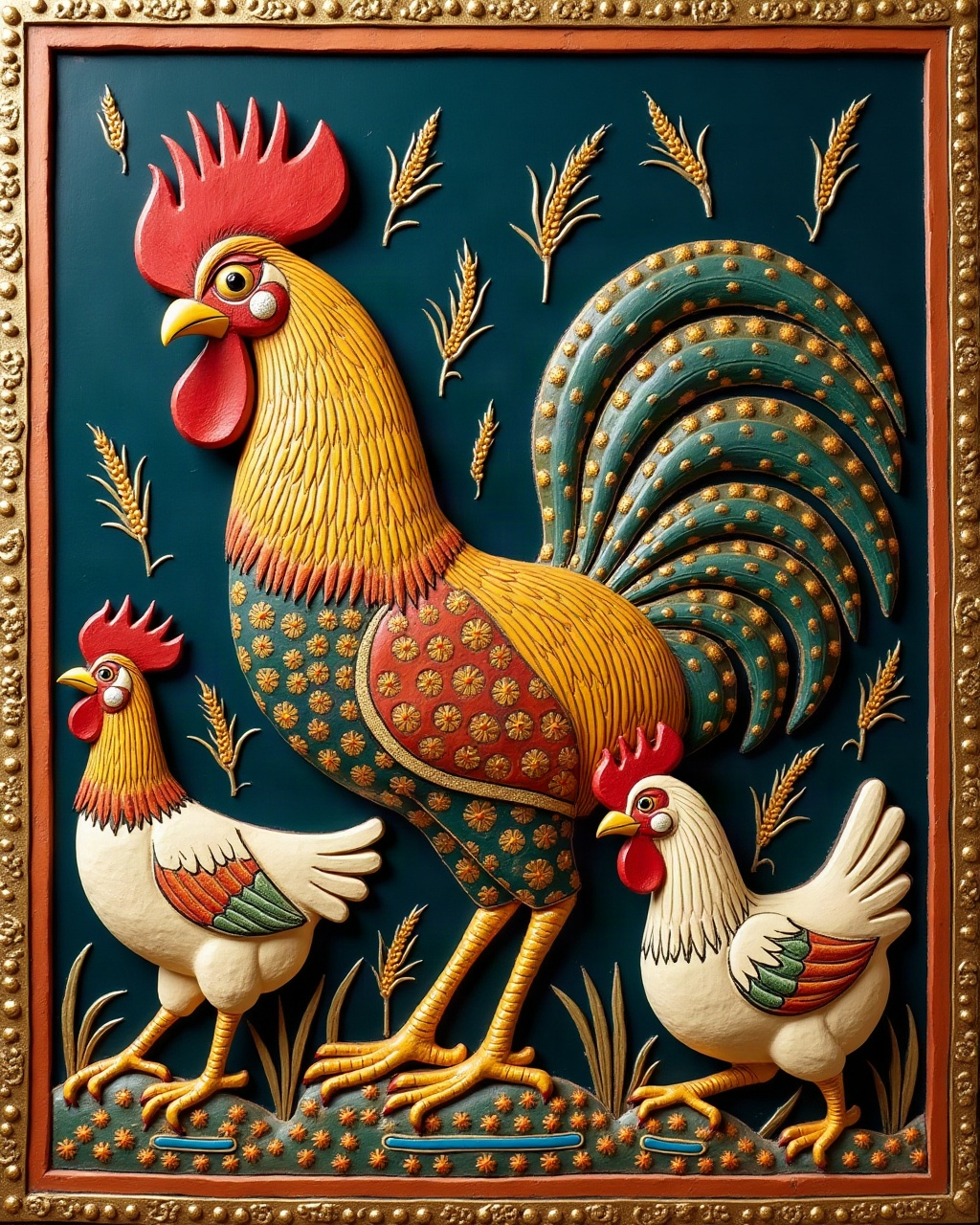 Rooster and Hens, Thanjavur painting