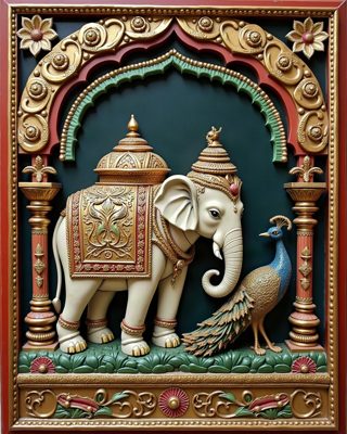 Peacock and Elephant, Thanjavur painting