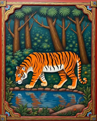 Tiger at the Water, Thanjavur painting
