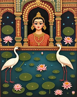 Lotus Pond at Dawn, Thanjavur painting