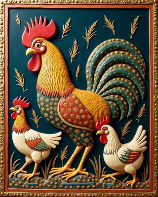 Rooster and Hens, Thanjavur painting