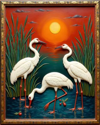 White Cranes at Dusk, Thanjavur painting