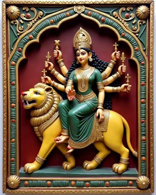 Durga on the Lion, Thanjavur painting
