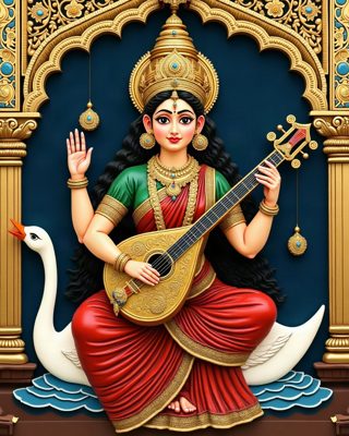 Saraswati with the Veena, Thanjavur painting