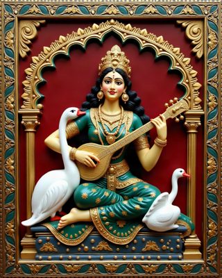 Saraswati and the Swans, Thanjavur painting